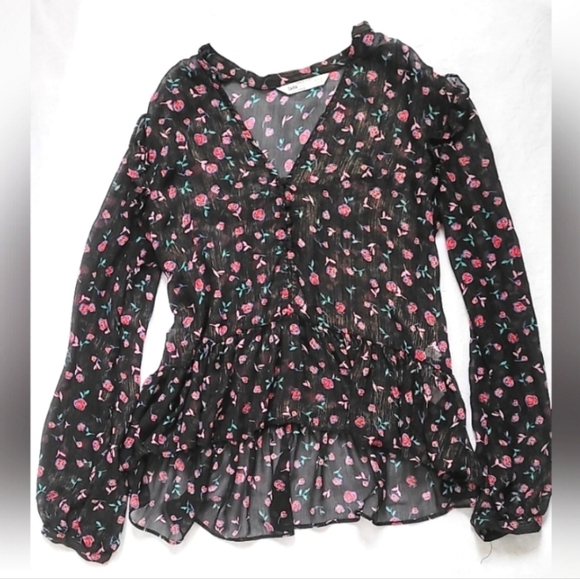 NWOT! Sheer Metallic Women's Zara Spring Peplum Floral Boho Blouse Medium - Picture 15 of 15